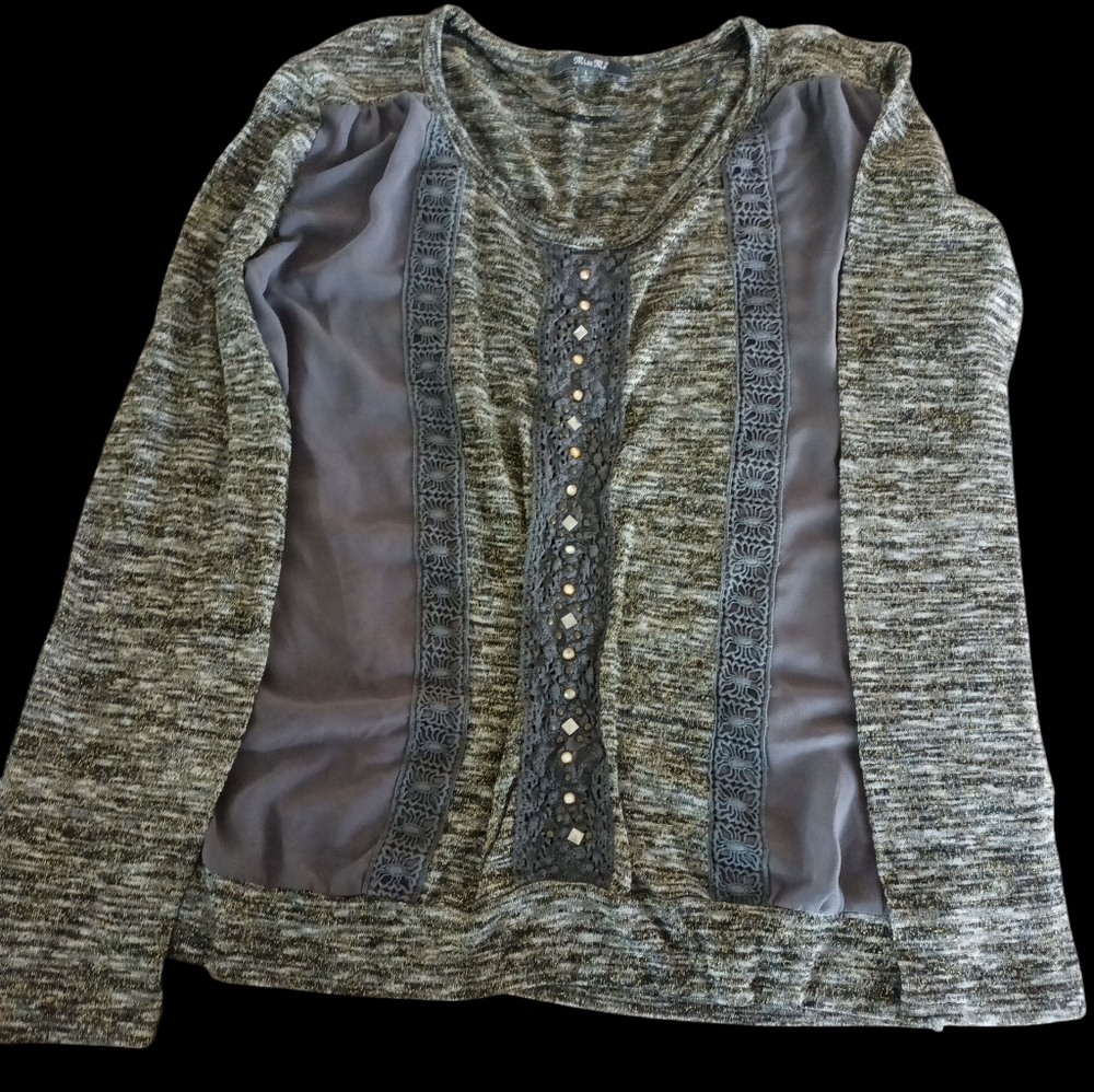 Miss Me Gray Long Sleeve Blouse with Lace Accents